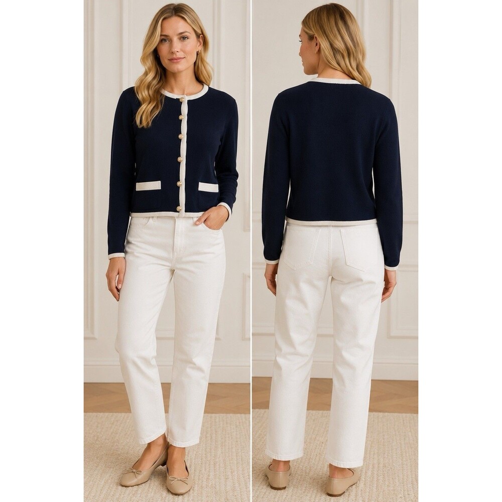 Ann Taylor NWT Navy Blue & White Cardigan Sweater Lion Crest Buttons Nautical XL